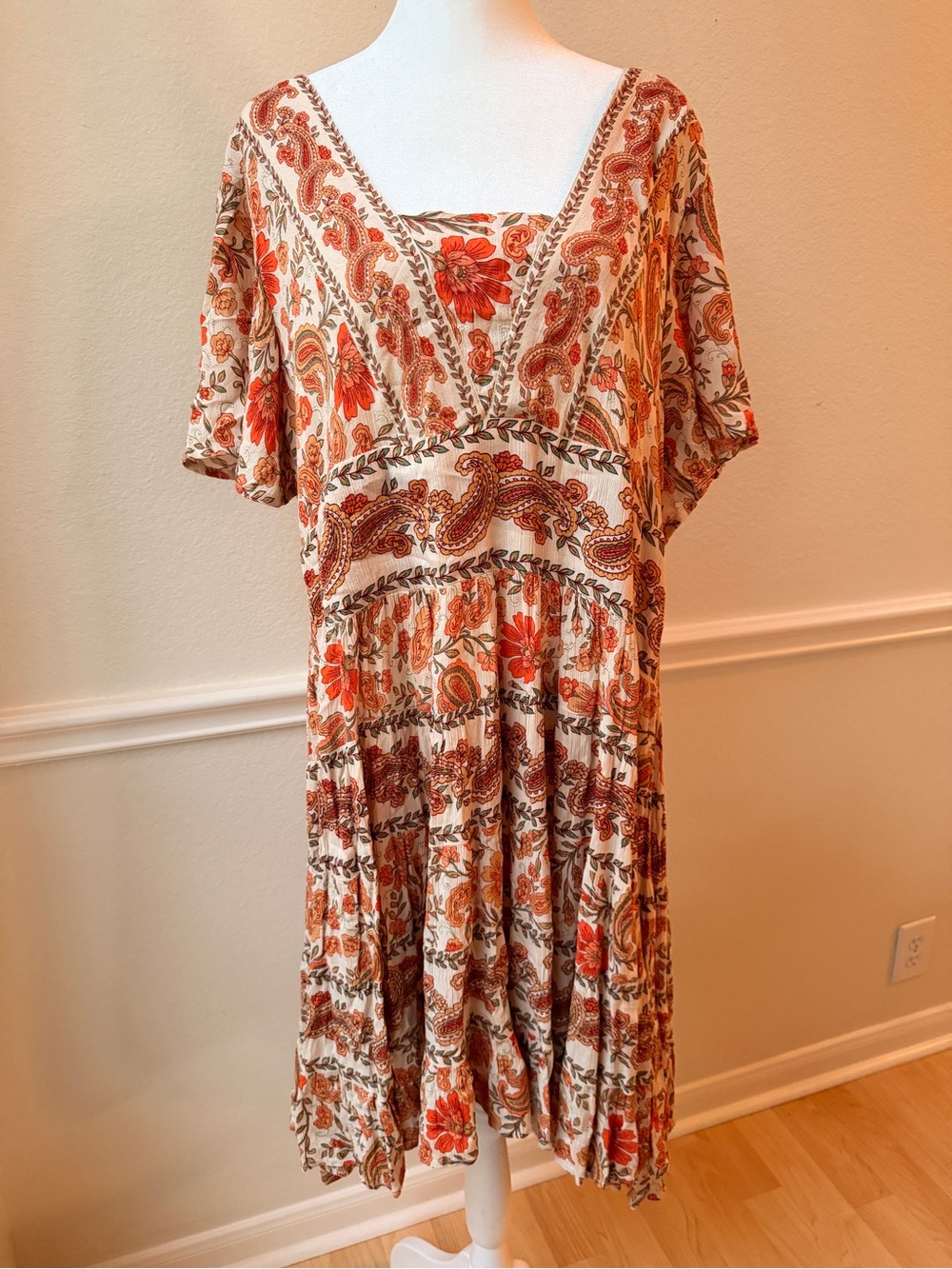 BILA Boho Paisley Floral Babydoll Flowy Dress Rayon Cottagecore Festival L